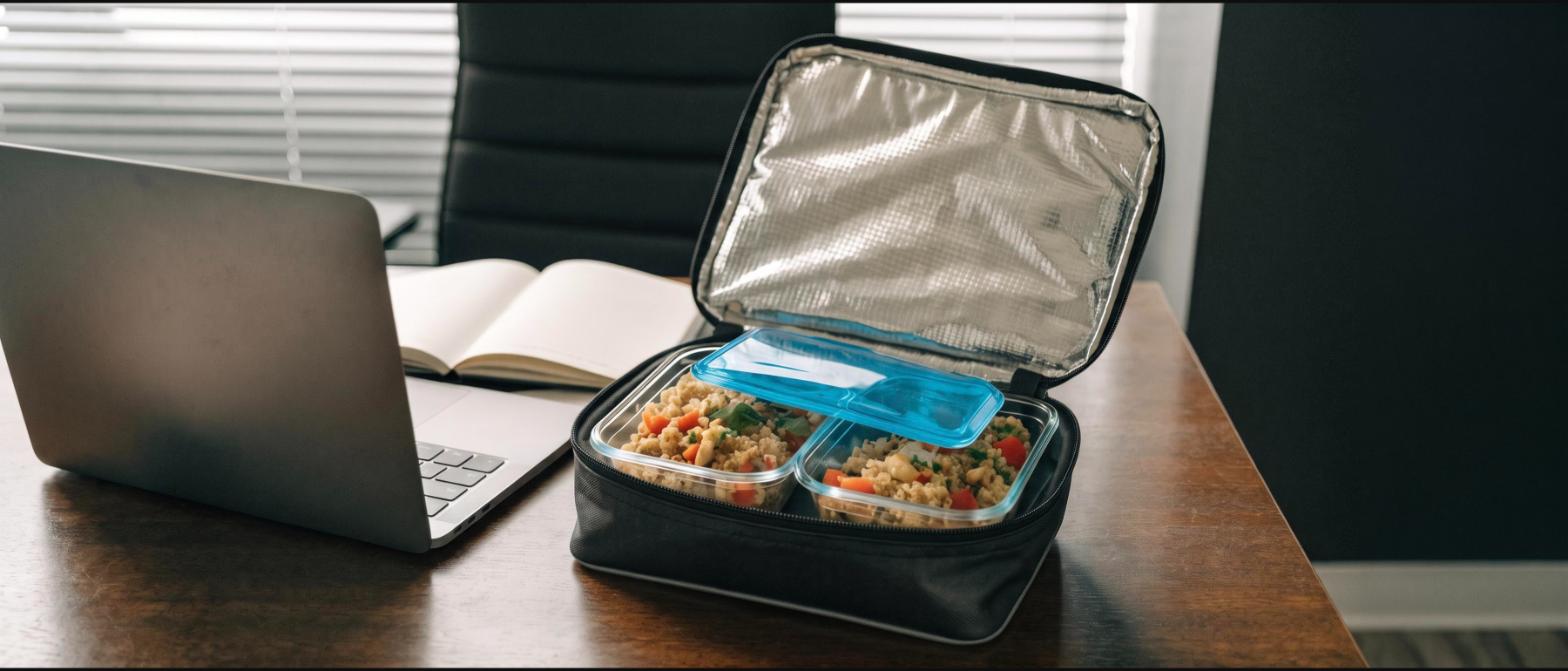 An open insulated lunch bag on an office desk with two meal prep containers and a flat gel ice pack on top