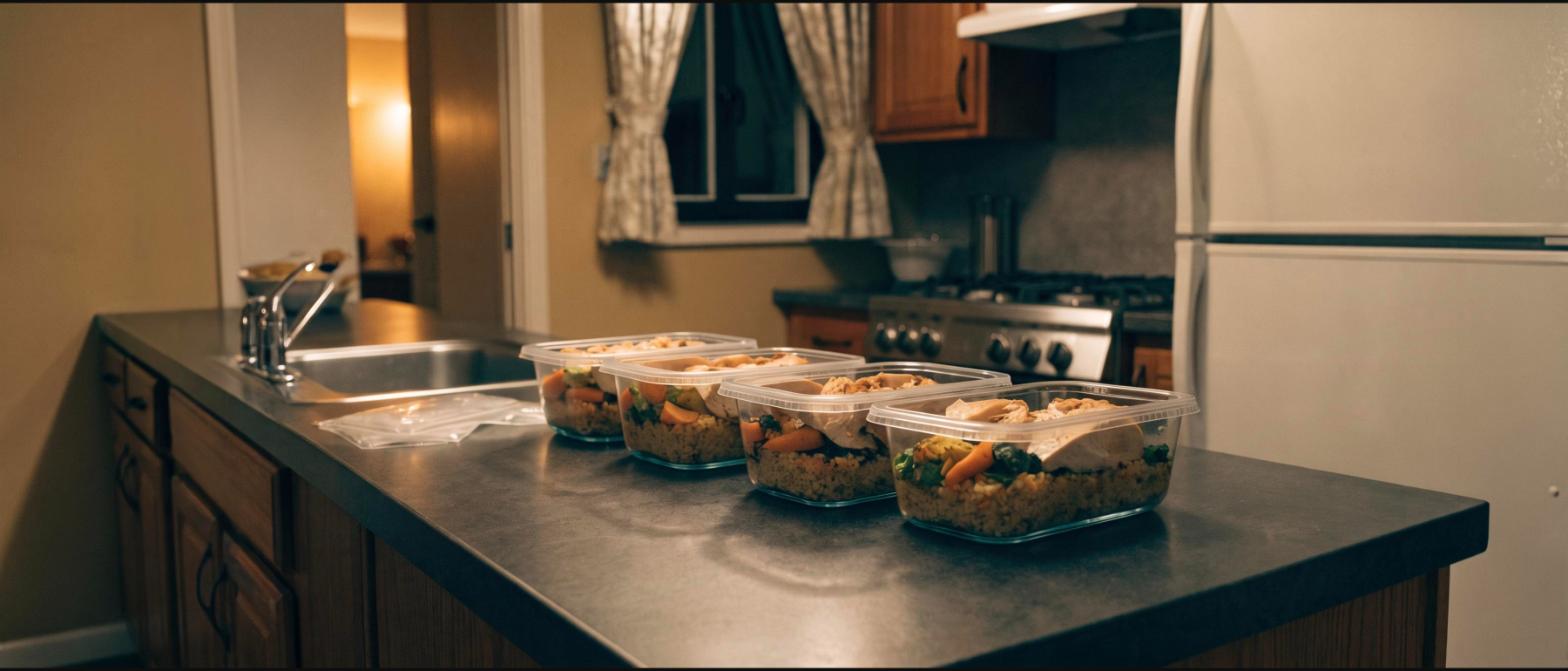 Five matching glass meal prep containers of grains, vegetables and chicken on a kitchen counter with gel packs beside them
